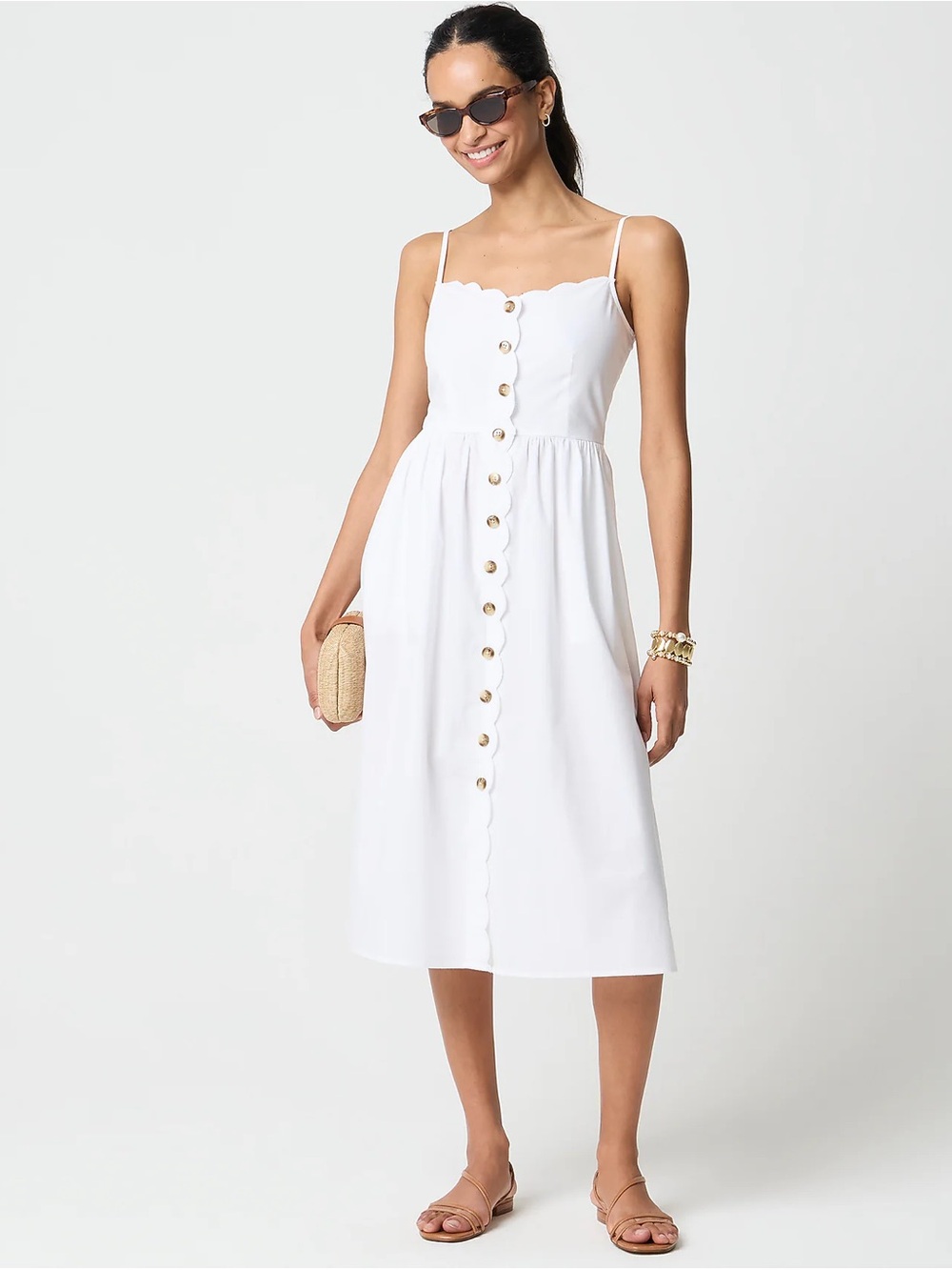 NWT J.Crew Factory Scallop Trim Button Front White Midi Dress Size 2